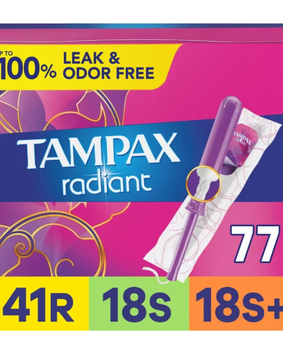 Tampax Radiant Tampons Multipack, LeakGuard Braid, Regular/Super/Super Plus Absorbency, Unscented, 77 ct.