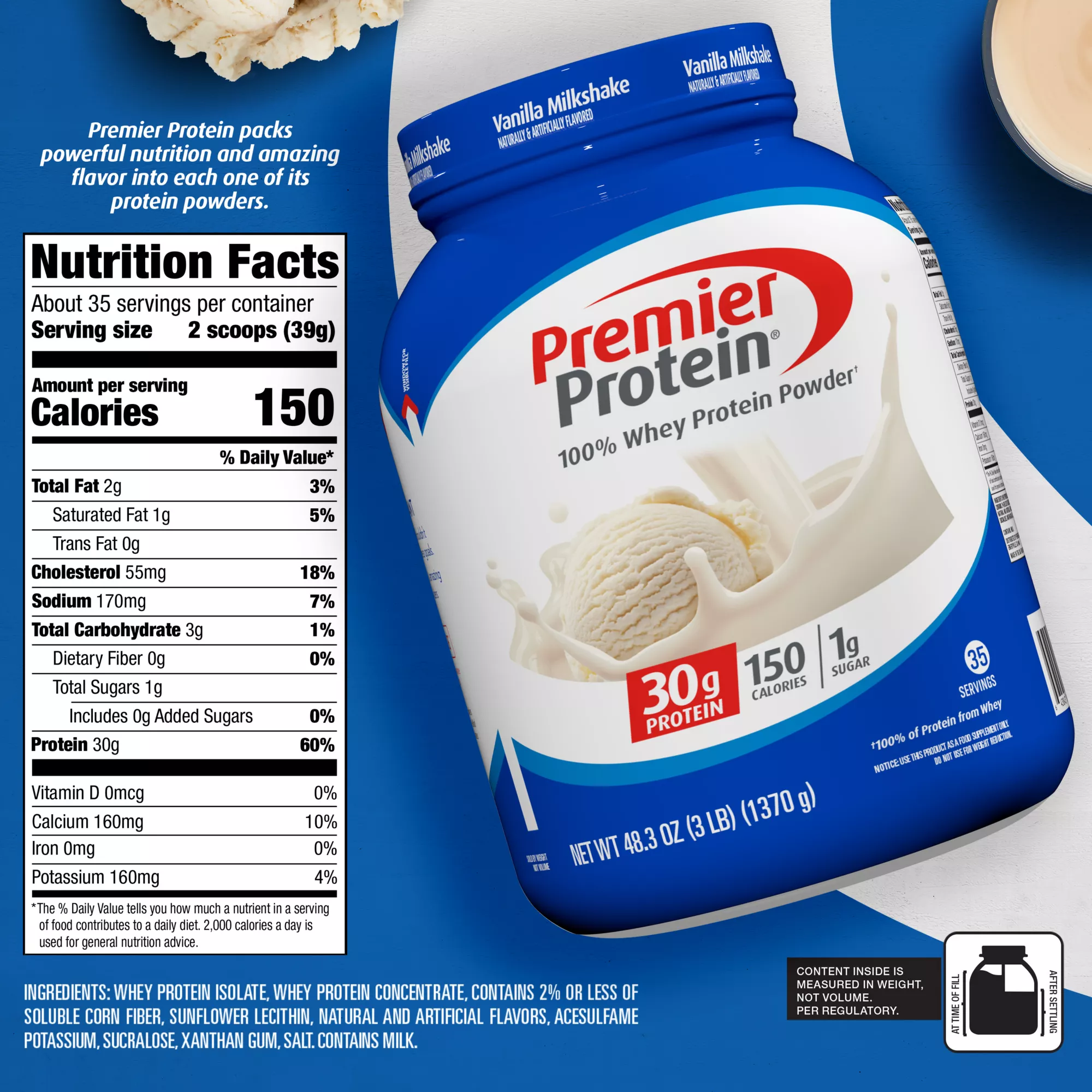Premier Protein Powder Vanilla, 30g Protein, 35 Servings, 3 lbs.